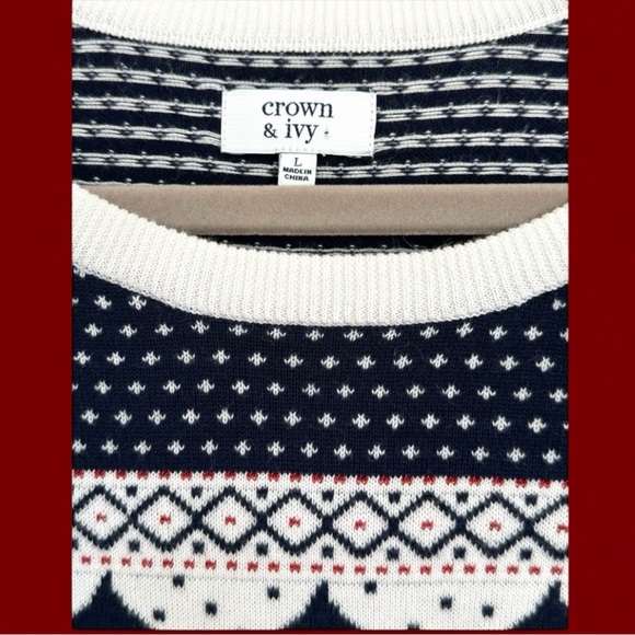 Crown & Ivy 100% Cotton Christmas Tree Navy and White Sweater-Size Large - Picture 5 of 7